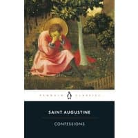 "Penguin Classics book 'Confessions' by Saint Augustine, cover art depicts a figure in a pink robe under a tree."