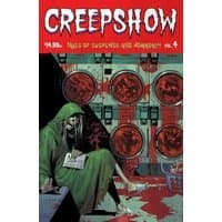 "Creepshow Vol. 4 comic book, red cover, hooded figure with newspaper, blood-stained laundromat background"