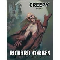 "Creepy Presents: Richard Corben comic book, eerie figure in red cloak, haunted house background, dark tones"
