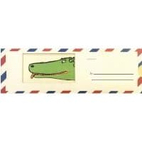 Crocodile Tears envelope with cartoon crocodile illustration, bordered by red, blue, and yellow stripes.