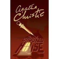 "Crooked House book cover with syringe illustration and Agatha Christie signature in gold on a dark background"