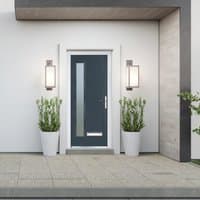 Anthracite grey composite door with long obscure glass panel, left-hand handle, and 150 cill, framed by white trim.