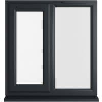 Grey/white uPVC double glazed window, left hung, 905mm x 965mm, clear glass, sleek modern frame design.