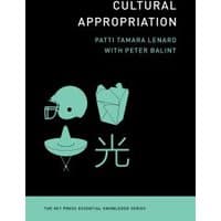 "Cultural Appropriation book by MIT Press, black cover with teal icons of helmet, takeout box, sombrero, and Chinese character"