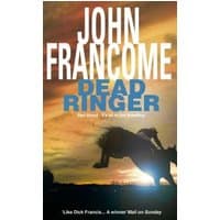 "Dead Ringer book cover with silhouetted horse and rider against a sunset background, bold white and blue text"