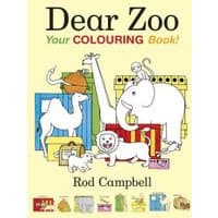 "Dear Zoo coloring book by Rod Campbell featuring animals like a lion, elephant, and giraffe on a yellow cover."