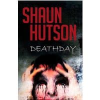 "Death Day" book by Caffeine Nights, cover with red title, distressed face with dark eyes and hands on head.