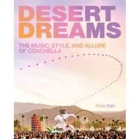 "Desert Dreams book with colorful text, Coachella festival scene, ferris wheel, and palm trees on cover."