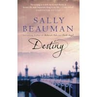 "Destiny" by Sally Beauman, book cover with a sepia-toned cityscape and elegant lampposts.