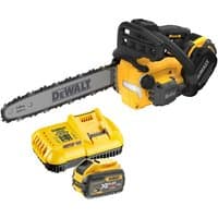 Yellow and black DeWalt cordless chainsaw with 350mm blade, brushless motor, and XR FlexVolt battery and charger.