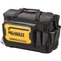 Black and yellow DeWalt 20-inch tool bag with multiple pockets, sturdy handles, and reinforced base.