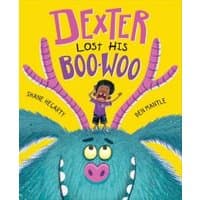 Children's book "Dexter Lost His Boo-Woo" with a blue monster and a boy on a yellow background.