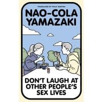 "Book cover for 'Don't Laugh at Other People's Sex Lives' with two people eating at a table, blue sky background"