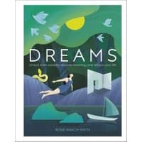 "Book titled 'Dreams' with illustration of person floating, green hills, and birds on cover."