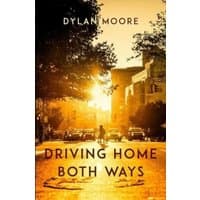 "Book 'Driving Home Both Ways' by Parthian Books, cover with sunset cityscape and cyclist silhouette."