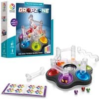 "Dropzone puzzle game with colorful marbles, transparent tubes, and multicolored base, box and instruction card included"