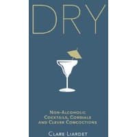 Blue book cover titled "Dry" with a martini glass illustration and subtitle about non-alcoholic cocktails by Clare Liardet.