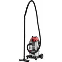 Red and silver Einhell wet and dry vacuum cleaner with black hose and wheels, 30-litre capacity.