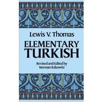 "Elementary Turkish" book by Lewis V. Thomas, light blue cover with ornate black and blue border design.