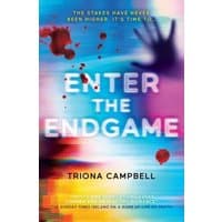 "Enter the Endgame book cover with blurred colors, bold white title, and red paint splatters."