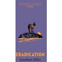 Purple book cover titled "Eradication" by Jonathan Miles, featuring a goat on a rock with an orange sunset.
