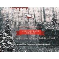 "Escape Room book 'Trapped in the Snow' with snowy forest and cabin cover, red banner, and playing cards."