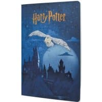 Blue A4 unlined cahier with Hogwarts silhouette, flying owl, and "Harry Potter" text in gold.