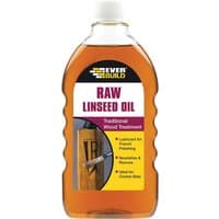 Clear plastic bottle of Everbuild Raw Linseed Oil with yellow cap and label detailing wood treatment uses.