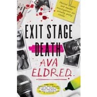 "Exit Stage Death book cover with photos, microphone, highlighter, and red splatters on a white background"