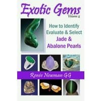 "Exotic Gems Volume 4 book with jade and abalone pearl images, green and purple gemstones, and jewelry illustrations"