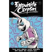 "Comic book 'Exquisite Corpses Volume 2' with a white rabbit in a purple shirt on a blue star-patterned background"
