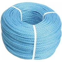 Blue Faithfull poly rope, 10mm thick, 220m long, coiled with white ties.