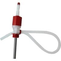 Red and white Faithfull heavy duty piston siphon pump with flexible clear tubing and sturdy handle.