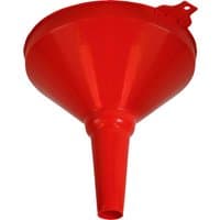 Red Faithfull plastic funnel with a wide mouth and narrow spout, featuring a small handle on the side.