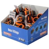 Blue box of 30 Faithfull plastic female hose connectors, black with orange accents, for garden hoses.