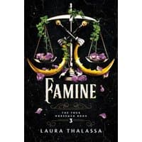 "Famine book cover with scales, purple flowers, and gold accents, part of The Four Horsemen series by Laura Thalassa"
