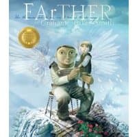 "Farther book cover with man holding child, both with wings, sitting on a hill with a dreamy sky background"