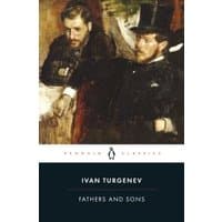 "Penguin Classics book 'Fathers and Sons' by Ivan Turgenev, cover art of two men in 19th-century attire"