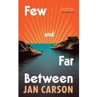 "Book 'Few and Far Between' by Transworld Publishers, orange cover with sunburst and water landscape illustration"