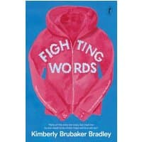 Blue book cover with pink hoodie illustration, "Fighting Words" text on hoodie, by Kimberly Brubaker Bradley.