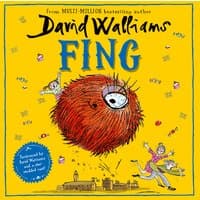 Yellow book cover for "Fing" by David Walliams, featuring a furry orange creature and playful illustrations.