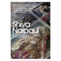 "Fireflies book by Shiva Naipaul, cover shows a woman in traditional attire with colorful patterns and reflective surface"