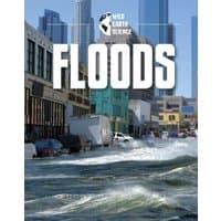 "Floods book cover with city street submerged in water, buildings in background, part of Wild Earth Science series"