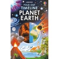 "Colorful Fold-Out Timeline of Planet Earth book with illustrations of volcanoes, dinosaurs, and celestial bodies"