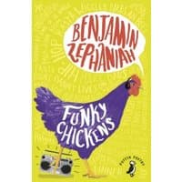 Yellow book cover, "Funky Chickens" by Benjamin Zephaniah, features a purple chicken with a boombox.