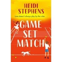 "Orange book cover 'Game, Set, Match' with tennis court, players, and dog; author Heidi Stephens"