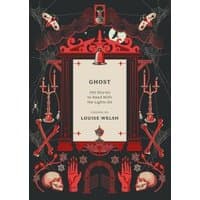 "Ghost" book with red gothic frame, skulls, candles, and spider webs on dark background.