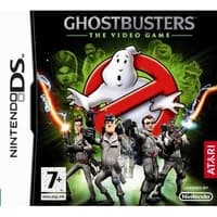 Nintendo DS "Ghostbusters" game cover with ghost logo, four characters, and green background, rated 7+ by Atari.
