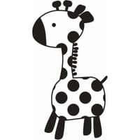 Black and white cartoon giraffe stamp by Hampton Art, featuring large spots, a curly neck, and a simple, playful design.