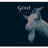 Black book cover featuring a white goat with curved horns and a long beard, titled "Goat" by Joy Hinson.